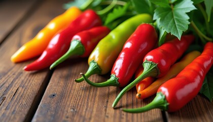 Colorful hot peppers on a wooden table with ample copy space for spicy food festival promotions or cooking class invitations.