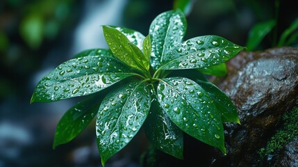 A close-up of a vibrant green plant with water droplets on its leaves, creating a refreshing and natural image.