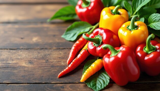 Colorful hot peppers on a wooden table with ample copy space for spicy food festival promotions or cooking class invitations.