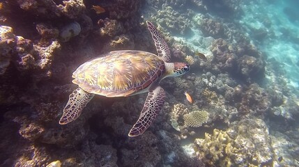 Obraz premium Large sea turtle swimming gracefully near a coral reef, accompanied by small fish