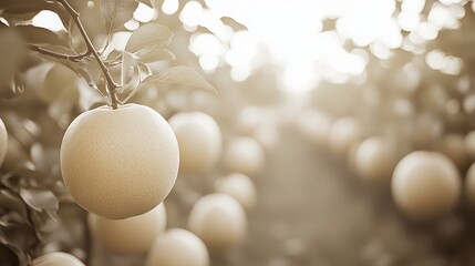 A close-up of ripe oranges hanging from a tree branch in an orchard, with the sun shining through the leaves.
