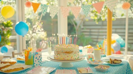 Cheerful Birthday Party with Cake and Decorations
