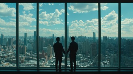 Fototapeta premium Two businessmen stand silhouetted against a panoramic city view, holding hands, gazing out over a cityscape with a blue sky and white clouds.