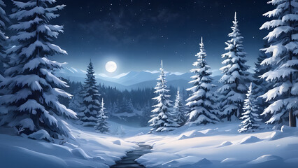 Naklejka premium winter_night_landscape_snowy_forest 