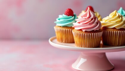 Delicious cupcakes with colorful frosting on a cake stand, leaving ample copy space for bakery promotions or sweet treat event announcements.