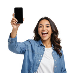 Fototapeta premium A woman celebrating a successful marketing campaign holding up her phone on a transparent background PNG 