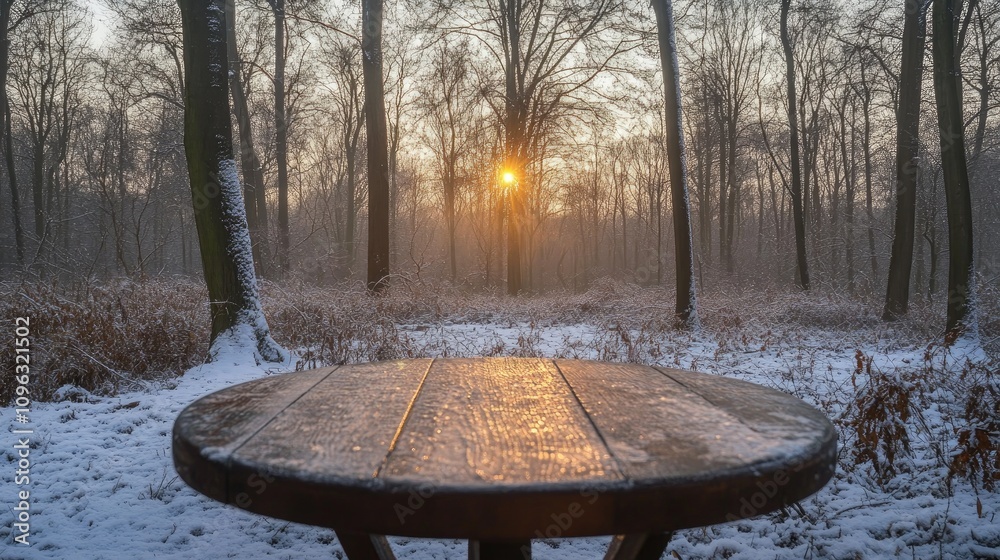 Poster Wooden tabletop illuminated by dawn light in a serene winter forest, surrounded by frosted trees and soft sunlight filtering through the mist.