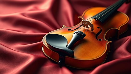 Obraz premium Elegant violin resting on a silk fabric with a spotlight, leaving ample copy space for classical concert promotions or musical event invitations.
