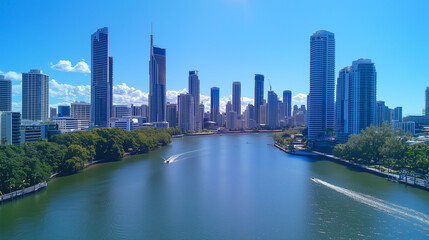 Fototapeta premium Modern City Skyline with CBD Office Buildings at Sunset - Drone View