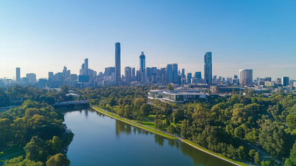 Obraz premium Modern City Skyline with CBD Office Buildings at Sunset - Drone View