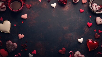 Valentine's Day flat lay with colorful hearts and chocolates on a dark background, featuring ample space for personalized messages or text.