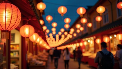 Bright lanterns illuminating a night market scene, leaving ample copy space for cultural festival promotions or local market event advertisements.