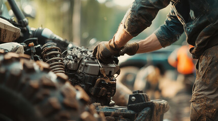 Fototapeta premium Mechanic performing repairs on off road vehicle, showcasing muddy engine. focus is on hands working diligently, surrounded by rugged outdoor environment