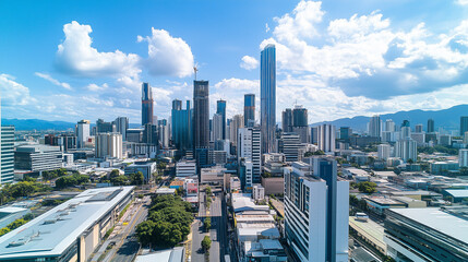Obraz premium Modern City Skyline with CBD Office Buildings at Sunset - Drone View
