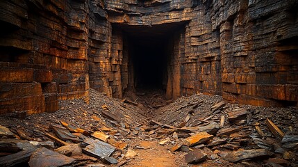 Dark, abandoned mine tunnel entrance with rusty rock walls and debris.