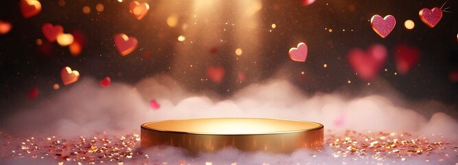 A gold podium surrounded by flickering fairy lights and a soft fog, with heart-shaped confetti falling gently around, leaving ample space for displaying a product.