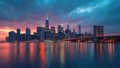 Fototapeta premium City skyline at dusk with lights reflecting on the water, leaving ample copy space for urban event promotions or night tour advertisements.