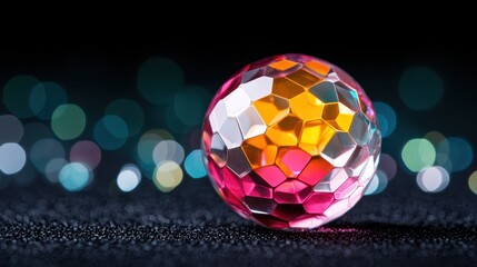 Obraz premium Colorful Reflective Sphere on Black Background with Blurry Lights, Abstract Art, and Creative Design Elements, Perfect for Modern Artwork and Photography Contexts