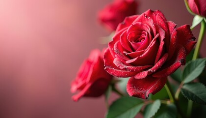Close-up of a rose bouquet with morning dew, leaving ample copy space for Valentine’s Day promotions or romantic event invitations.