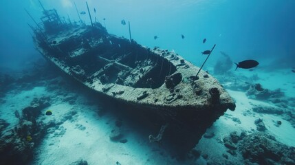 Fototapeta premium Mysterious underwater scene with shipwreck remains and marine life swimming around