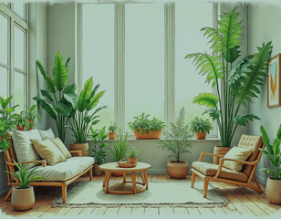 interior habitacion blanca con plantas i sillones con cojines