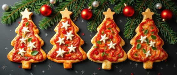 Cheesy Christmas tree pizzas with holiday decorations