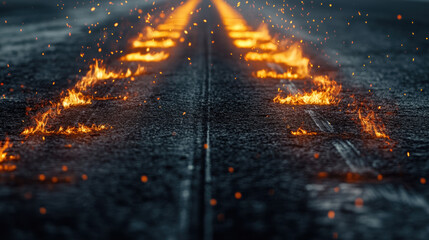 Close-up black tire marks on the road surface at the racetrack with flames.