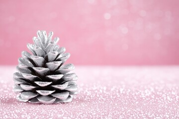 Silver pine cone on pink glitter.