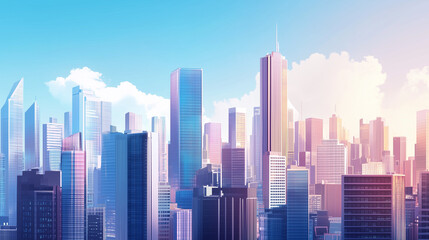 Fototapeta premium Modern City Skyline with CBD Office Buildings at Sunset - Drone View