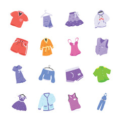 A collection of clothing icons featuring a variety of apparel items such as shirts, dresses, skirts, pants, hoodies, swimwear, and underwear