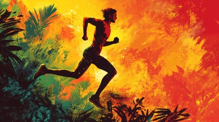 Naklejka premium A silhouette of a runner against a fiery orange and yellow background, with lush green foliage in the foreground.