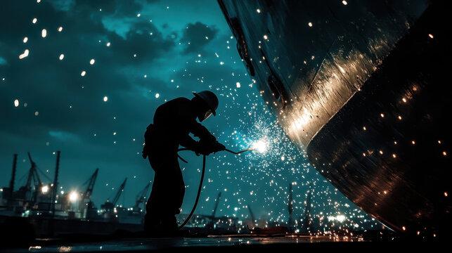 shipbuilder welding massive naval vessel hull at night, creating sparks. silhouette of worker contrasts against illuminated background