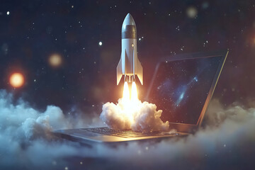 Obraz premium An image from a laptop showing a rocket taking flight.