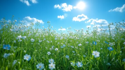 Fototapeta premium A field of white wildflowers under a bright blue sky with fluffy white clouds.