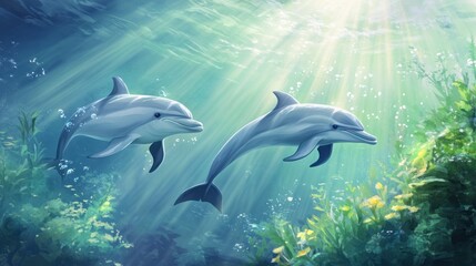 Fototapeta premium Playful dolphins swimming under the sea, surrounded by sunlight filtering through the water