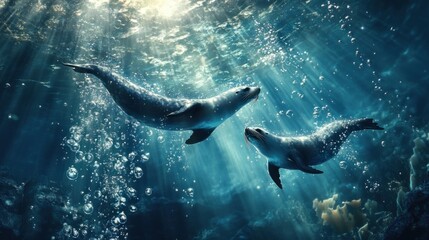 Obraz premium Playful sea lions swimming gracefully under the sea, surrounded by bubbles and sunlight