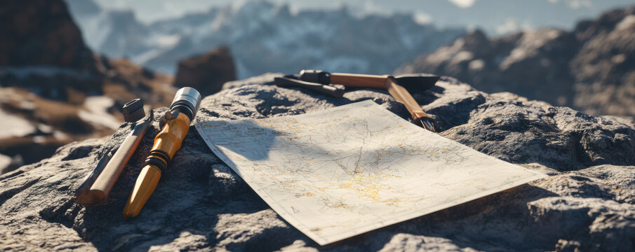 Exploring great outdoors with surveying tools and detailed maps on rocky terrain. tools and maps are essential for navigation and adventure