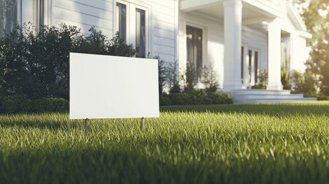 Blank yard sign positioned in vibrant green grass, set against a charming white house with columns, ideal for showcasing customized messages or advertisements.