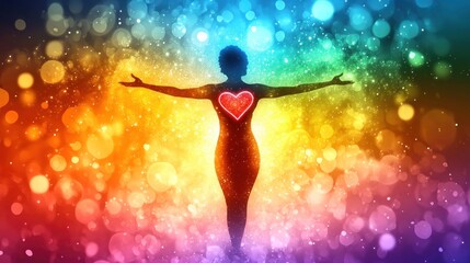 Fototapeta premium A silhouette of a woman with outstretched arms, a red heart in her chest, standing in front of a glowing rainbow background.