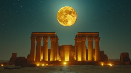 Fototapeta premium A full moon shines brightly over an ancient temple in the desert at night.