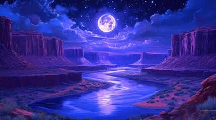 Obraz premium A full moon shines over a vast, purple desert canyon, illuminating a winding river below.