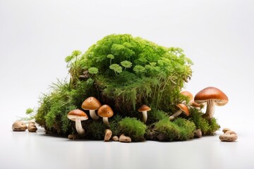 Boletus mushrooms growing in green moss covered forest.