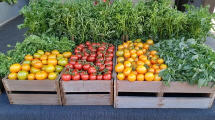 Vibrant crates overflowing with ripe red and yellow tomatoes alongside a fresh assortment of green vegetables at a bustling farmer's market.
