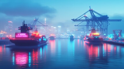A futuristic cityscape with cargo ships docked at a busy harbor. The scene is bathed in neon light, creating a vibrant and surreal atmosphere.