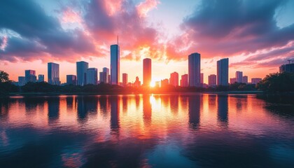 Fototapeta premium A stunning sunset reflects on a tranquil body of water, silhouetting a modern city skyline against vibrant clouds.