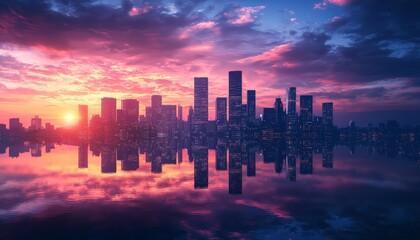 Obraz premium A stunning sunset casts vibrant colors over a city skyline, reflecting beautifully on the water's surface.