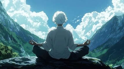 Fototapeta premium A young man meditates in a serene mountain setting, with lush greenery and fluffy clouds in the sky, symbolizing peace and tranquility.