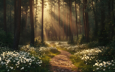 Obraz premium Beautiful forest landscape with a path and white flowers in springtime