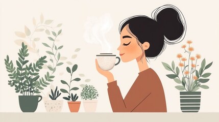 A young woman enjoys a cup of hot coffee with a steaming mug surrounded by potted plants.