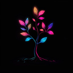 Obraz premium Illustration of an elegant tree with bright neon colored leaves on a dark background.